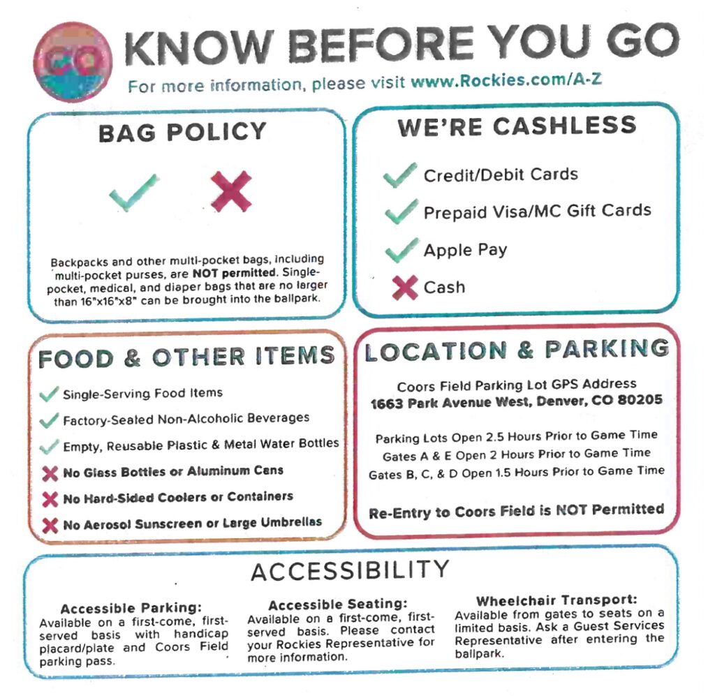 Know before you go Rockies Game Flyer in English