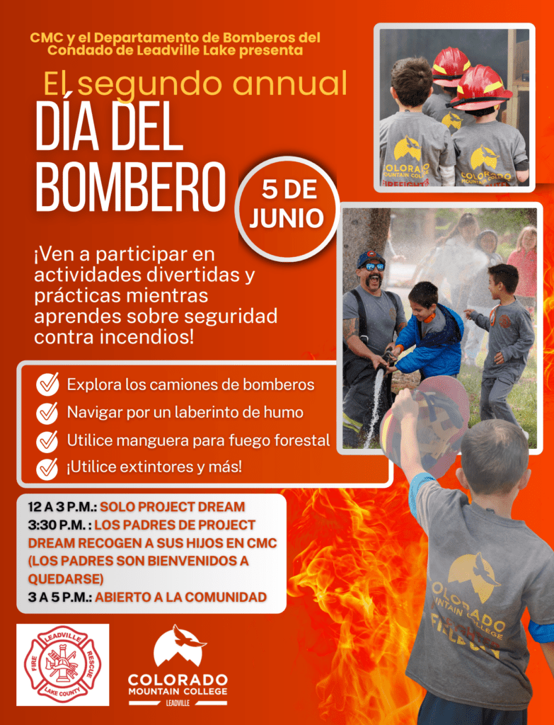 2nd Annual fire fighter field day is on June 5th Poster 
Explore fire engines
navigate a smoke maze
spray wild land hoses
use exthinguishers and more 
12-3 pm project dream only 
3-3:30 pm project dream parent pick up at CMC parents welcome to stay longer 
3-5 pm open to the community 
spanish version