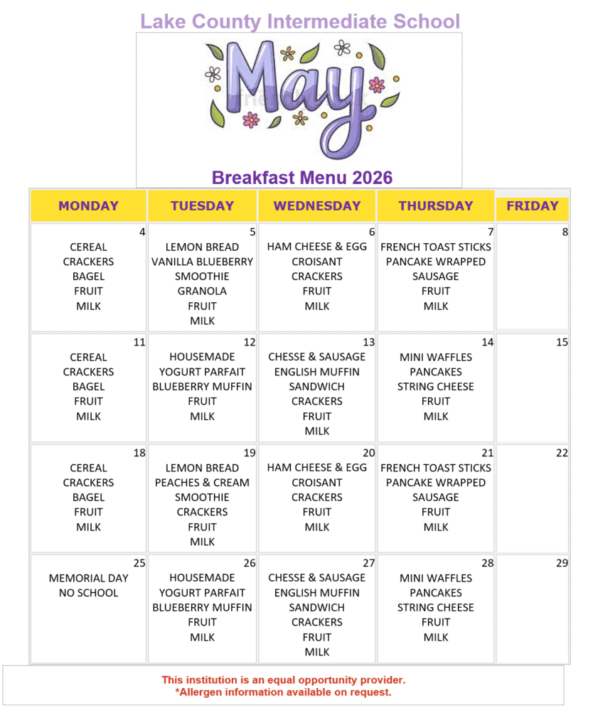 LCIS May 2026 breakfast menu
