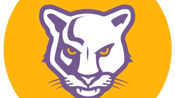 Lake County Purple Panthers Mascot atop a yellow circular background.