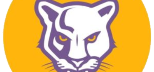 Lake County Purple Panthers Mascot atop a yellow circular background.