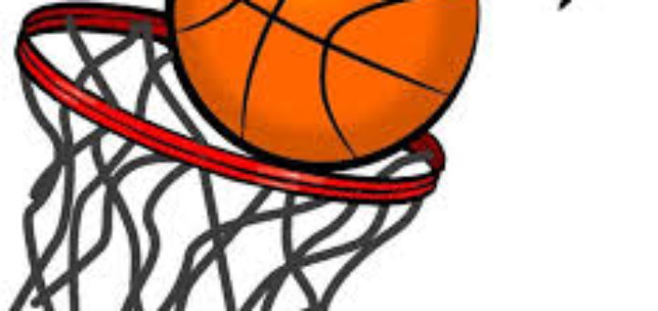 Cartoon image of a basketball going into hoop.