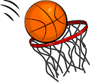 Cartoon image of a basketball going into hoop.