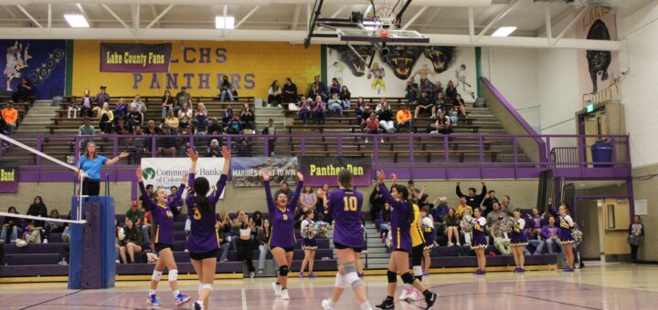 Group of students playing volleyball inside a school gymnasium, with several players in action and student watching in the back.