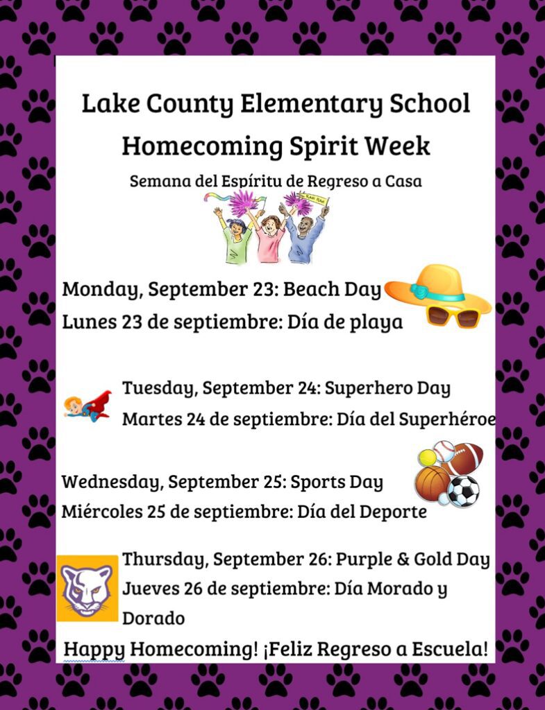 Flier for LCES and LCIS with instructions for the week on how to dress for Spirit Week. 