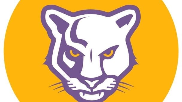 Lake County Purple Panthers Mascot atop a yellow circular background.