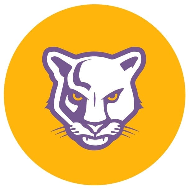 Lake County Purple Panthers Mascot atop a yellow circular background.