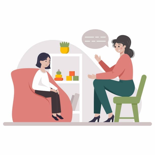 Psychologist is talking to child. Psychological help for children. Sad girl in psychotherapy session. Psychologist is talking to child. Psychological help for children. Sad girl in psychotherapy session. school counseling stock illustrations